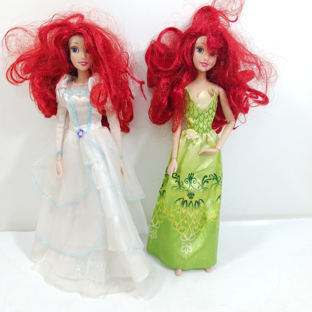 Disney Store Ariel The Little Mermaid Doll Lot 2 White Wedding Green Gown 11.5"